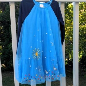 Adorable raglan style dress with unicorn embroidery overlay